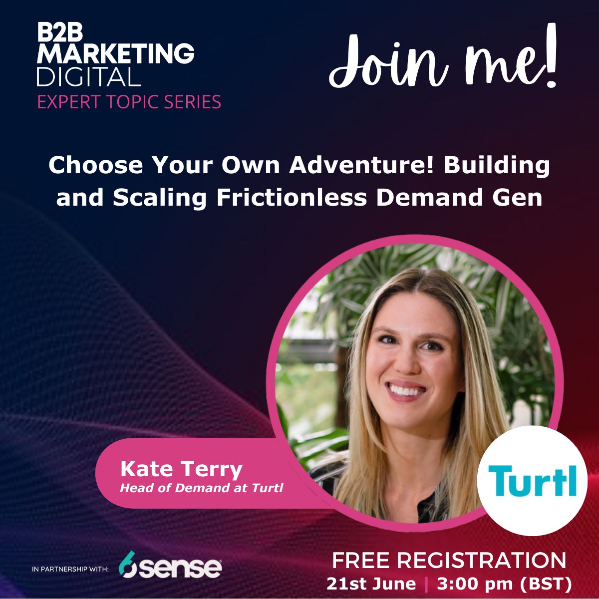promotional banner for webinar about building and scaling frictionless demand gen