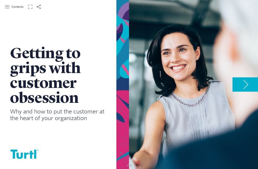 Cover page for the customer obsession guide shows a smiling woman shaking hands