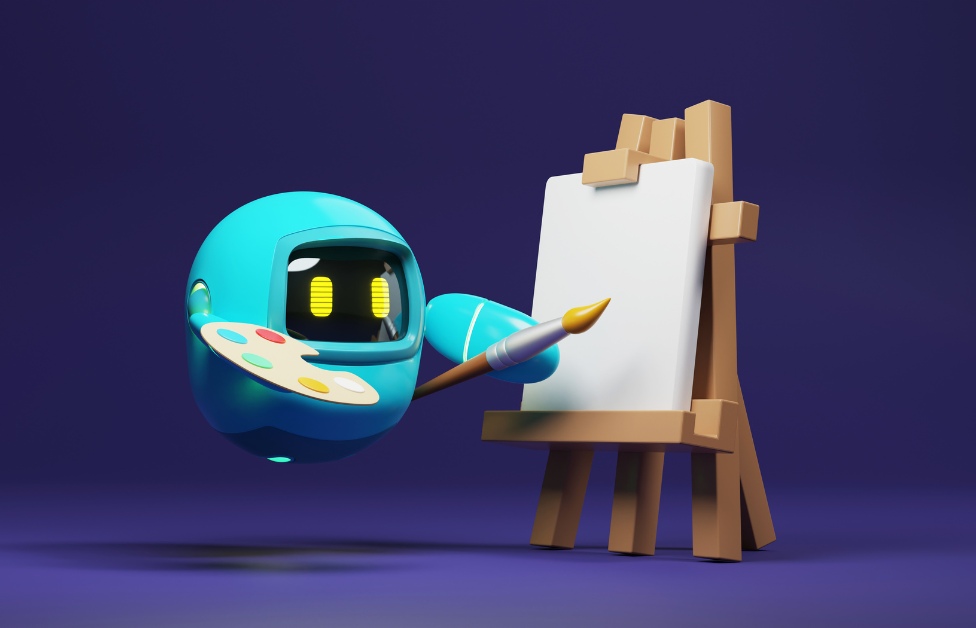 A robot paints on a canvas, holding a painter's palette.