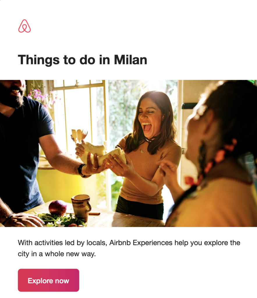 Email marketing example from Aibnb, things to do in Milan