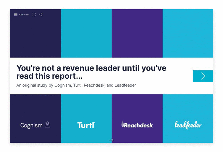 A moving gif image of the cover of a Turtl Doc containing research conducted by Cognism, Reachdesk and Leadfeeder