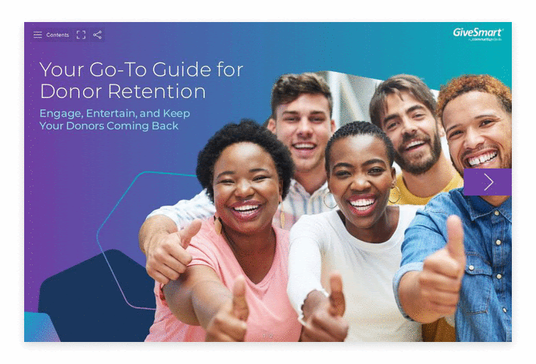 GiveSmart Guide to Donor Retention cover freaturing a group of happy people with their thumbs up