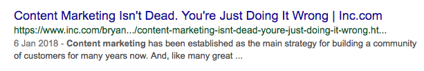 Search result talking about how content marketing is not dead - read our 10 rules