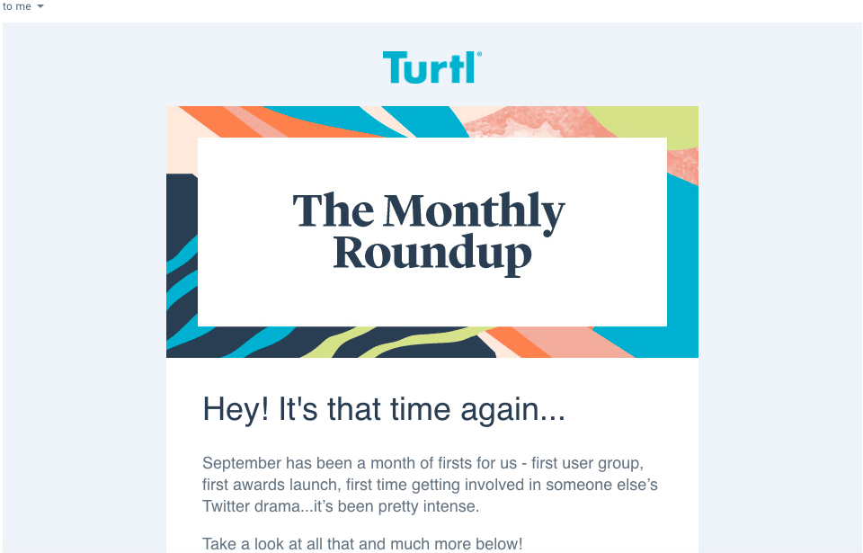 The monthly roundup: colourful header, multiple font sizes and types.