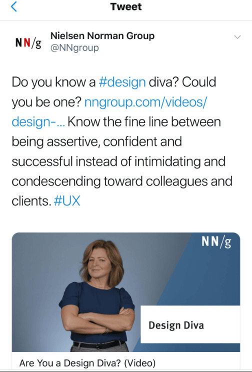 Screenshot of a Twitter post that reads: "Do you know a design diva? Could you be one? Know the fine line between being assertive, confident and successful instead of intimidating and condescending toward colleagues and clients."