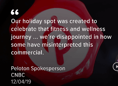 Screenshot quoting the Peloton spokesperson. It reads: "Our holiday spot was created to celebrate that fitness and wellness journey...we're disappointed in how some have misinterpreted this commercial."