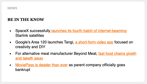 Screenshot of a list of several news stories linking to external articles.