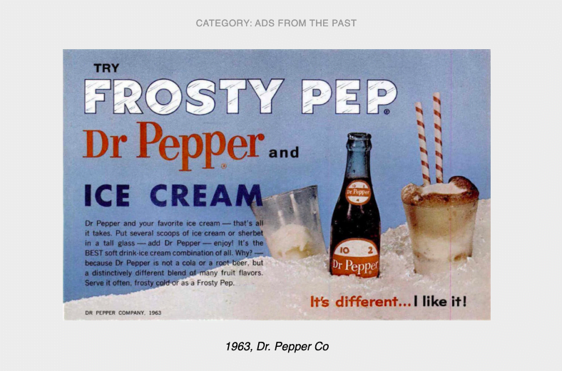 Screenshot of a Dr Pepper ad from the sixties encouraging people to try mixing the drink with ice cream.