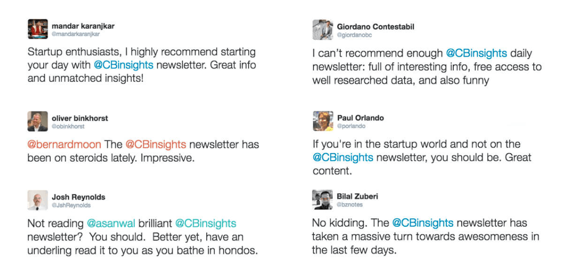 Screenshot of multiple tweets praising the CBInsights business newsletter