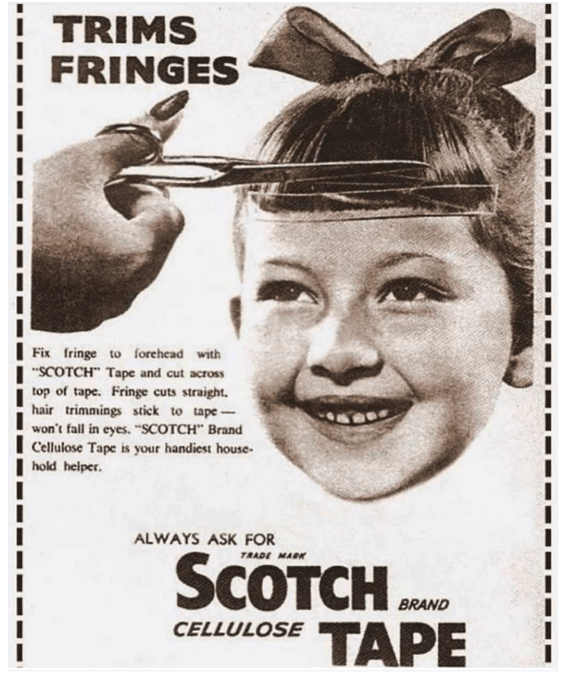 Screenshot of a Scotch Tape ad from the forties teaching people how to cut fringes with scissors and scotch tape