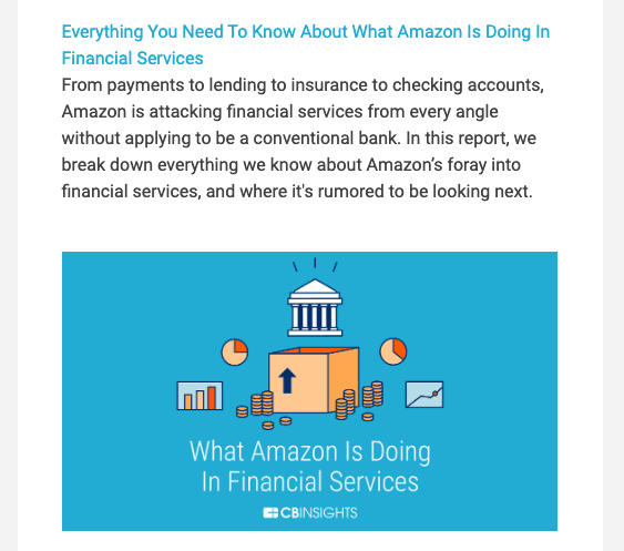 Screenshot from the email teasing an article on "What Amazon is doing in financial services"