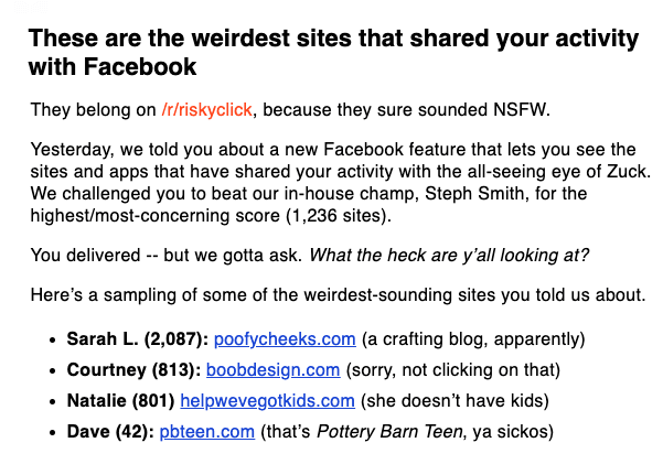 Screenshot of an excerpt called "These are the weirdest sites that shared your activity with Facebook"