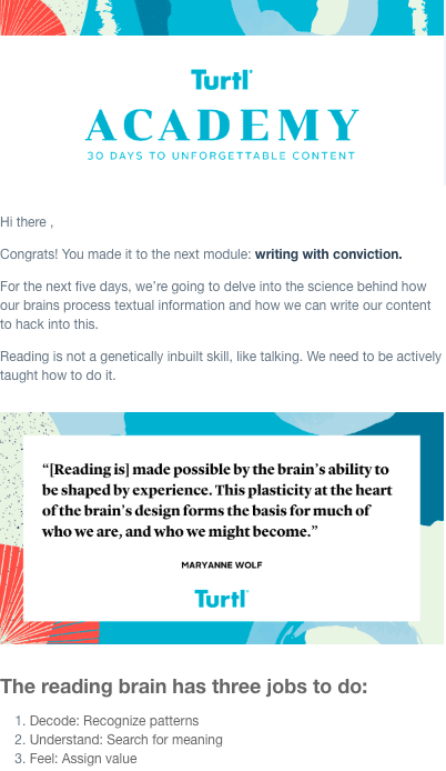 Turtl Academy content course email example, introduction to writing with conviction