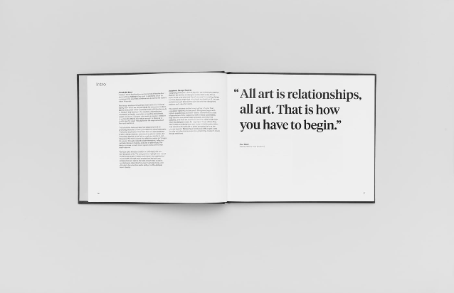 an book with white space around the bold black quote "All art is relationships, all art. That is how you have to begin."