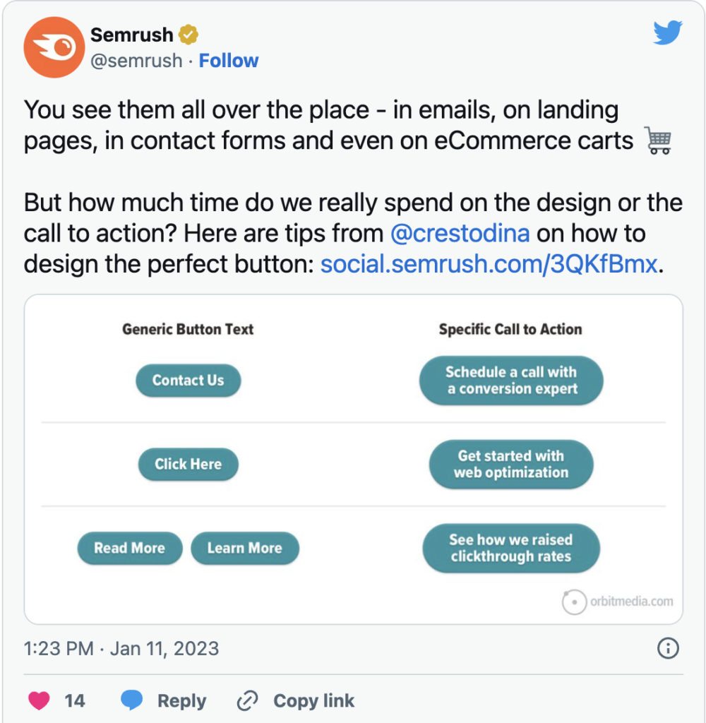 A Tweet containing an infographic on CTAs from Semrush