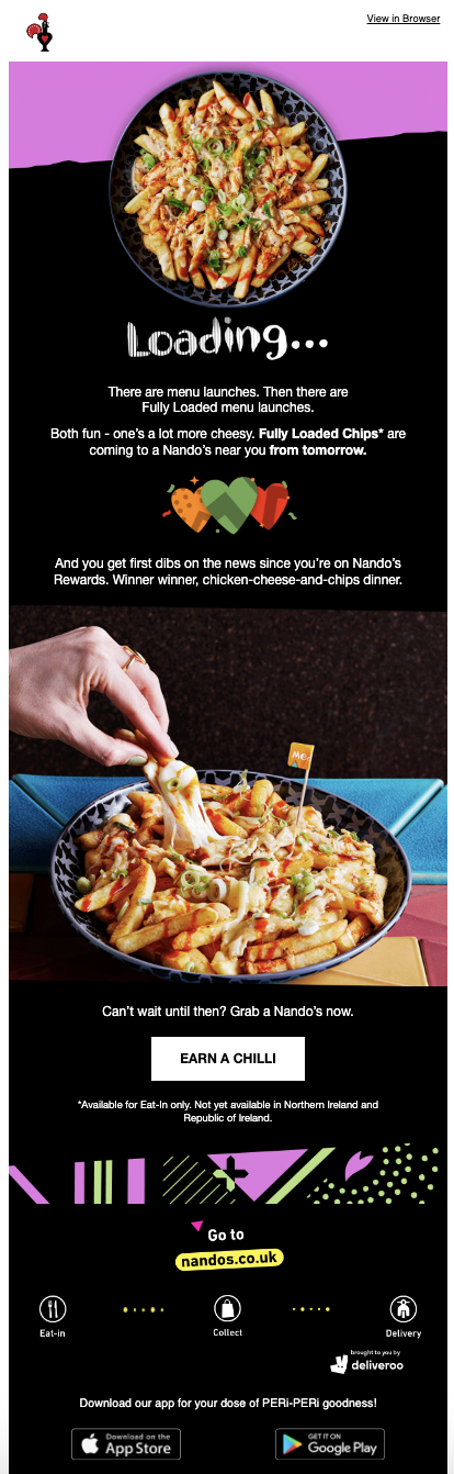 Email marketing example from Nandos with clear layout and CTA