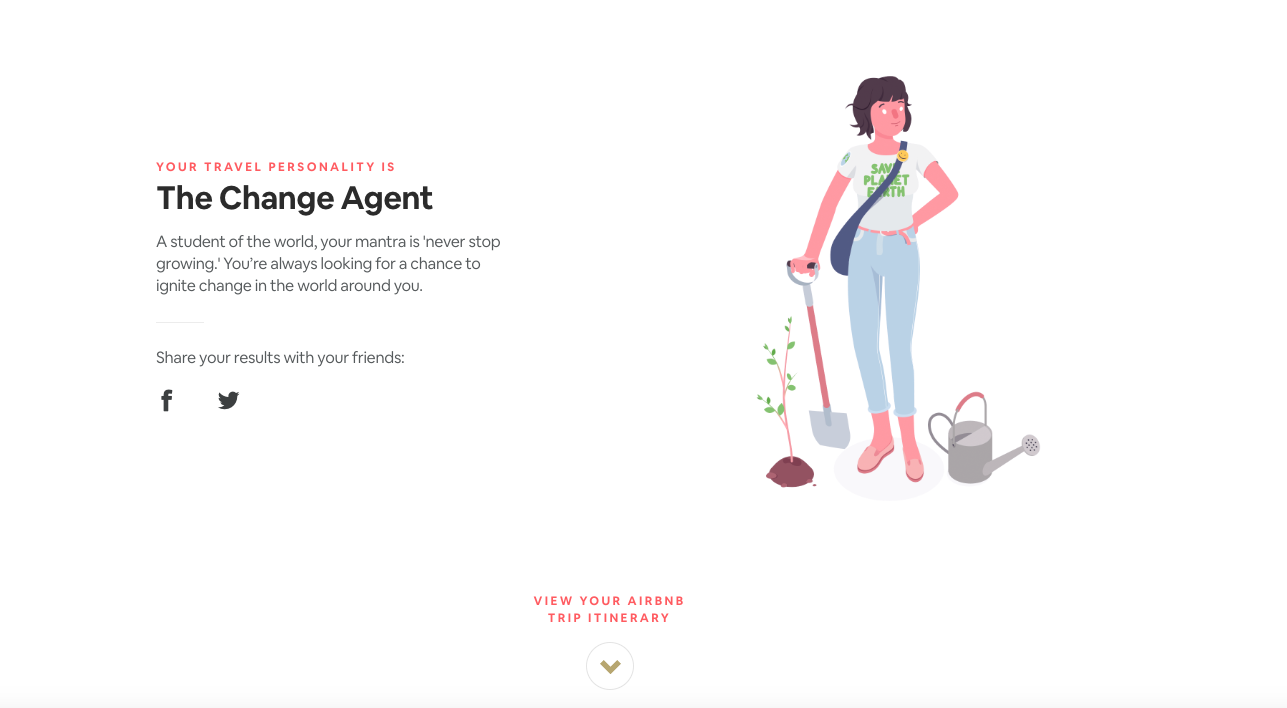Results page of an Airbnb quiz called Which Travel Personality Are You showing The Change Agent as result