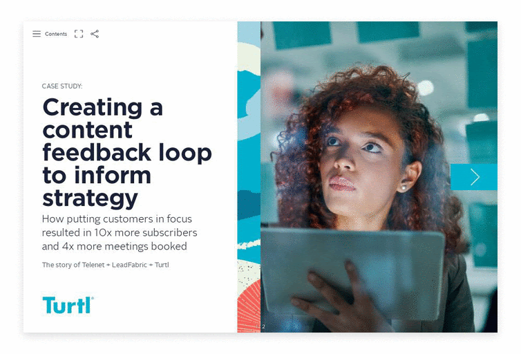 A 'flippy gif' of a Turtl Doc by Lead Fabric and Telenet. It is titled "Creating a content feedback look to inform strategy"