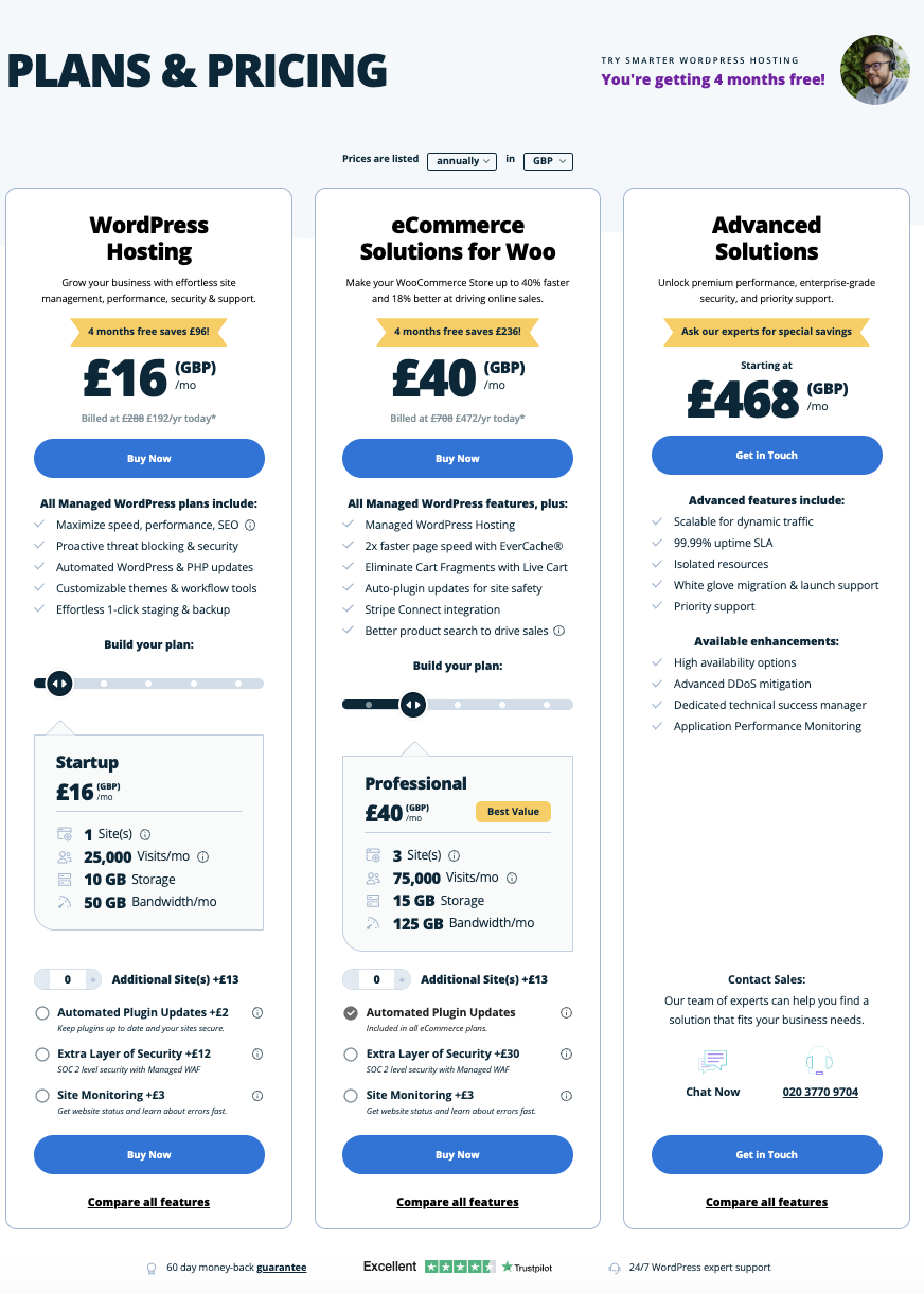 The pricing screen for wordpress services. Starting at $16 per month, the next option being $40, and the highest being $468 per month.