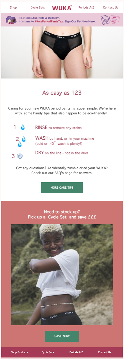 Email marketing example from WUKA showing how to care for the product