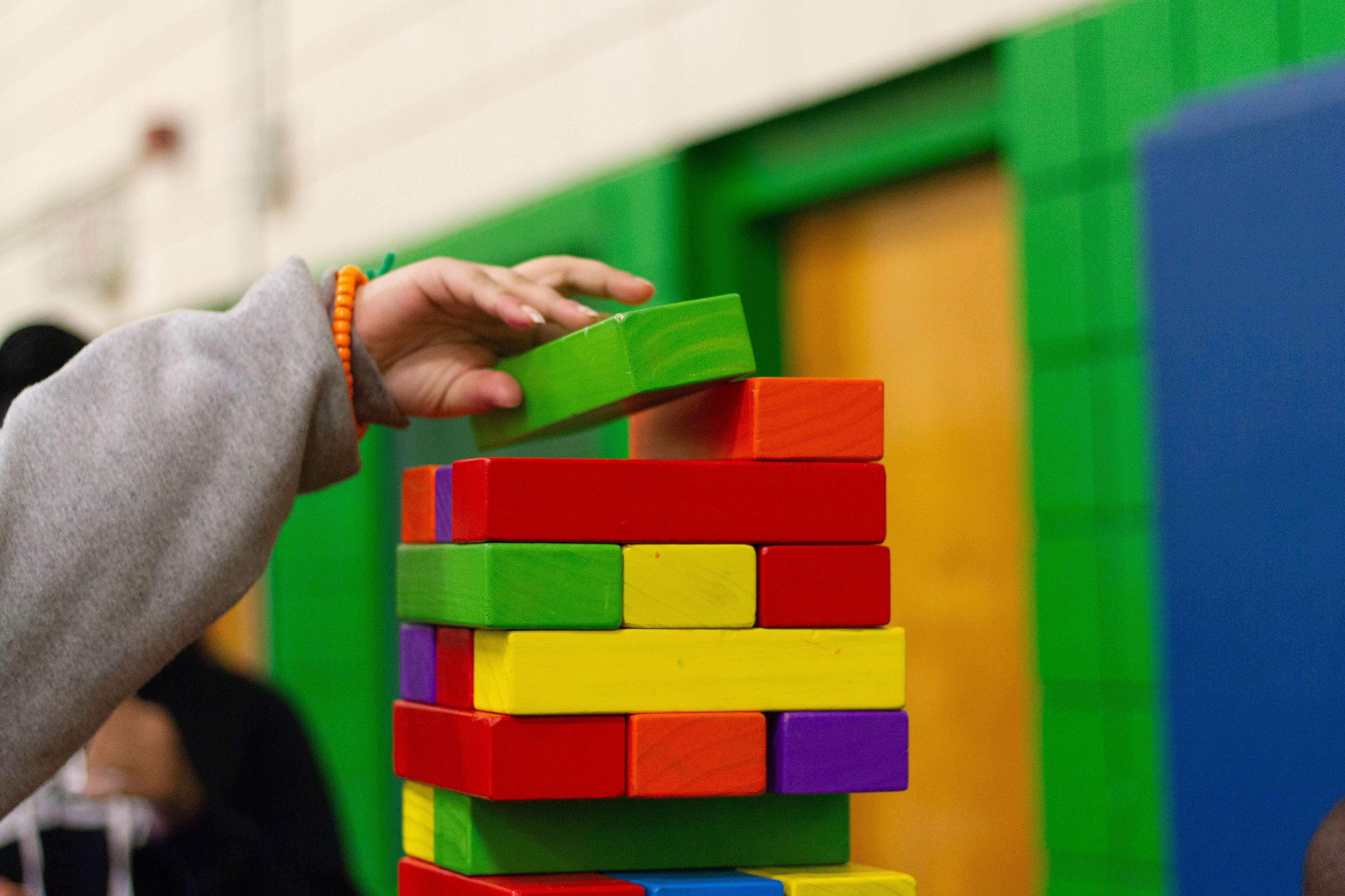 Toy tower built out of colored blocks