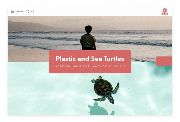 plastic free july - person on beach looking into ocean, turtle in water swimming below