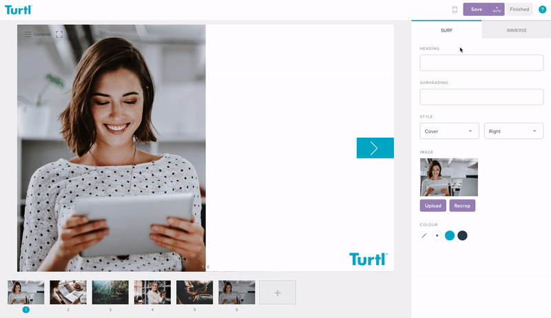 Turtl digital content editor shown with the ability to drag and drop for easy content creation.