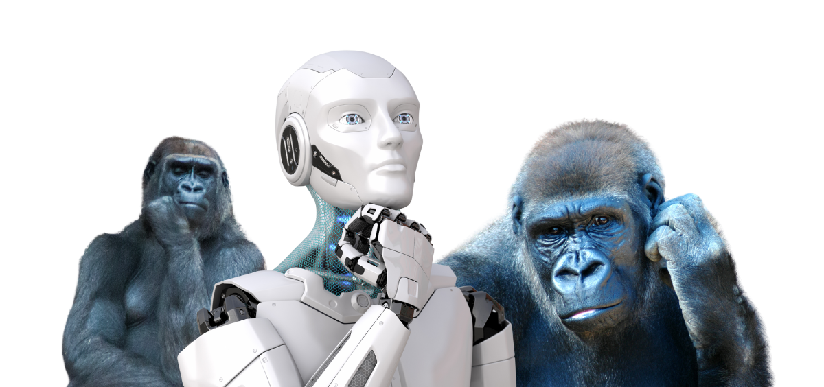 Two apes and a robot all thinking