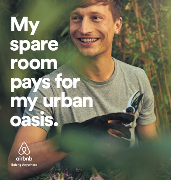 Digital collateral that says "My spare room pays for my urban oasis" used for the Airbnb B2B "Become a Host Campaign