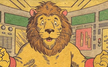 Lion standing in front of a control panel