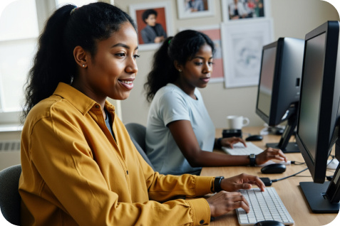 Woman smiling working at a computer