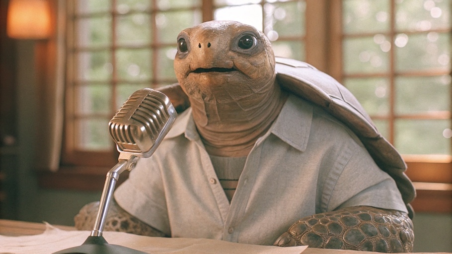 turtle at a podcast mic