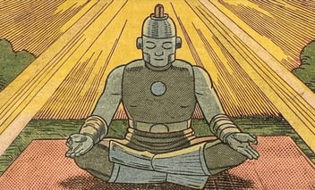 Robot meditating in lotus position with golden light shining down on him 