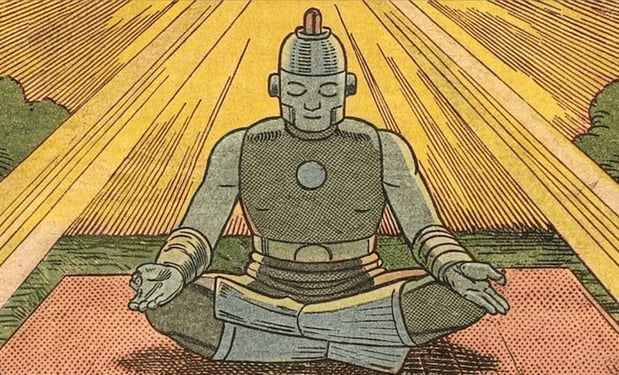 Robot meditating in lotus position with golden light shining down on him 