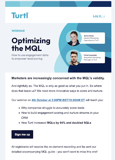 Optimizing MQL webinar email 