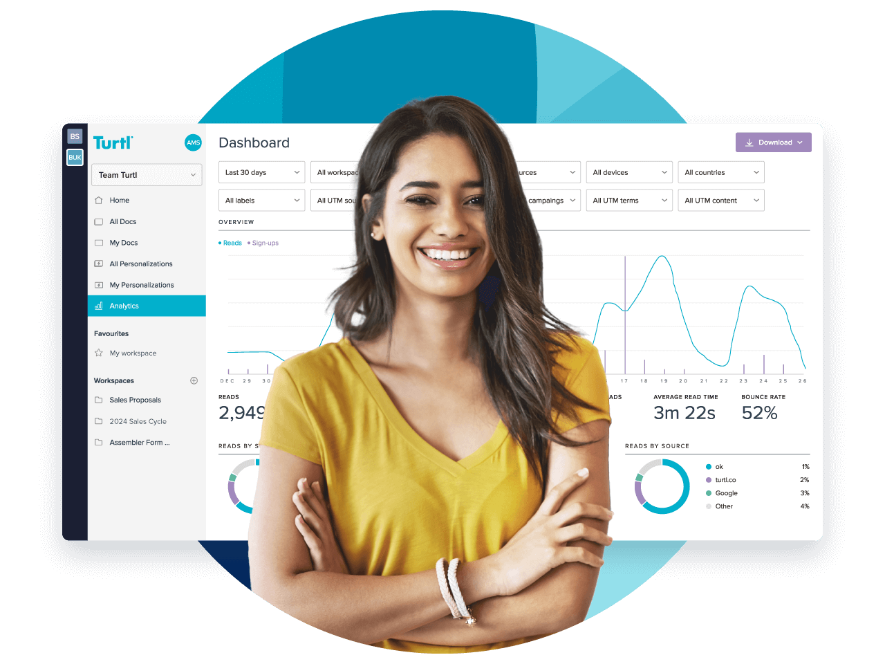 woman in front of content analytics dashboard